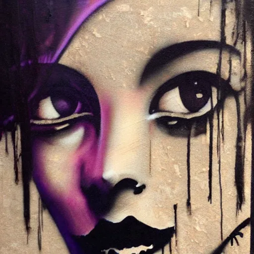 Prompt: graffiti portrait of beautiful female, close up face, by Banksy, trending on Artstation