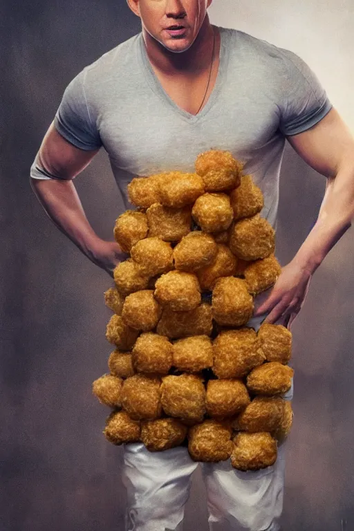 Image similar to channing tatum wearing a tater tot costume, oil on canvas, intricate, 8 k highly professionally detailed, hdr, cgsociety