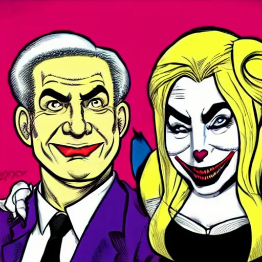 Prompt: portrait of Benjamin Netanyahu as the Joker and Sara Netanyahu as Harley Quinn, Neal Adams style ,Brian Bolland style