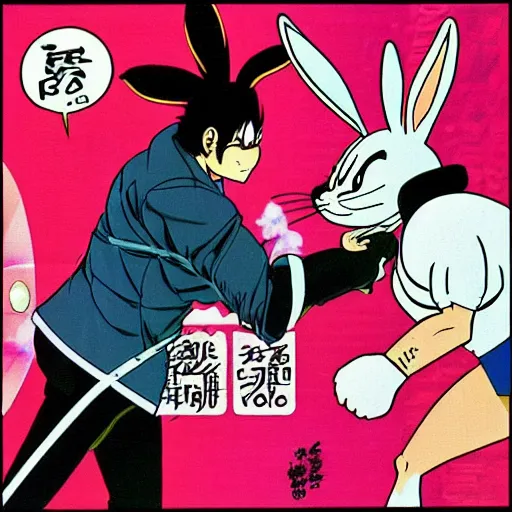 Prompt: Yujiro Hanma fighting against Bugs Bunny.