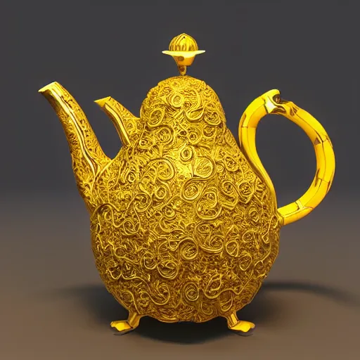 Prompt: 3d render enamel porcellaine teapot on top of an octopus, gold filigree, shiny, photo realistic, vivid displayed on a wood curio cabinet