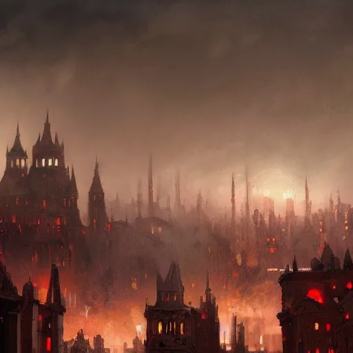 Prompt: A painting of a medieval city burning, dark fantasy, smoke rising from the buildings towards the skies, big red moon in the skies, rain, fog, hyper detailed, by Greg Rutkowski, trending on artstation