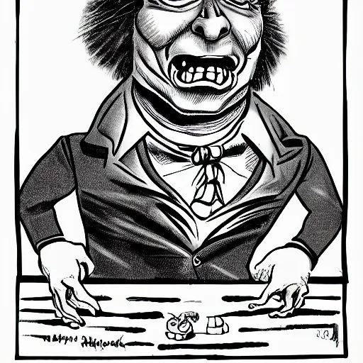 Prompt: a Pop Wonder scary horror themed goofy-hilarious-character Beethoven, dime-store-comic drawn with charcoal and pen and ink, half-tone-line-stacking