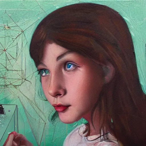 Image similar to the eyes of computer girl are connected to her retro vintage computer by mycelium bio filament connections. oil painting and ultra realistic. the image transmit a sense of wonder and exploration. the art is incredibly detailed. the characters are all unique and interesting.