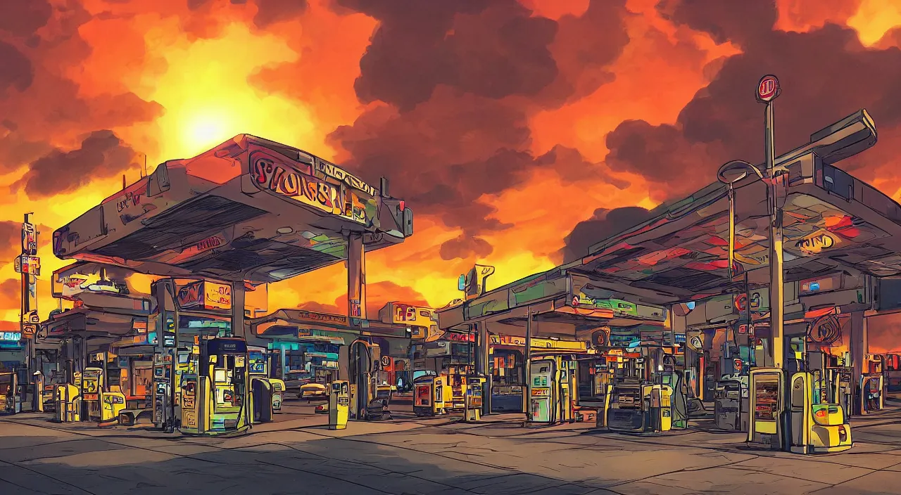 Prompt: gas station south west sunset beautiful artstation 4 k breathtaking concept art illustration cartoon by jack kirby