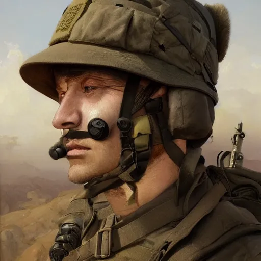 Image similar to desertpunk realism portrait face head eyes nose ears hat Corporal Marshall stands in full military regalia whilst wearing a tactical backpack anna podedworna arkhip kuindzhi raphael lacoste guillem h. pongiluppi grisaille