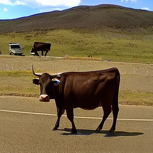 Prompt: dashcam footage of an alien spaceship abducting a cow