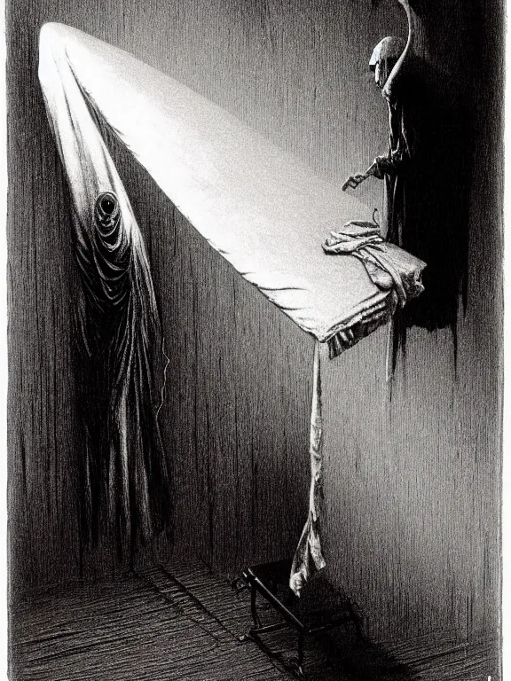 Prompt: a ghost ironing on an ironing board, art by beksinski, bernie wrightson, trending on artstation, optical illusion, horror film, creepypasta