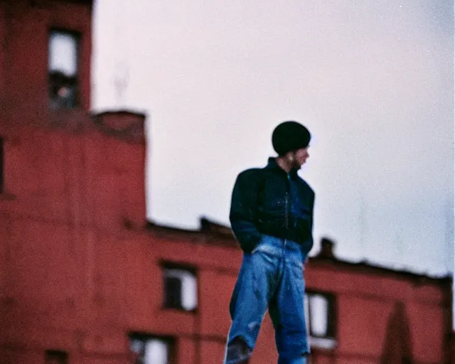 Image similar to lomo photo of man standing on the roof of soviet hrushevka, small town, cinestill, bokeh, out of focus