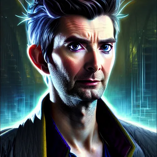 Image similar to portrait painting of a cyberpunk elven david tennant with thin pointy ears, ultra realistic, concept art, intricate details, eerie, highly detailed, photorealistic, octane render, 8 k, unreal engine. art by artgerm and greg rutkowski and charlie bowater and magali villeneuve and alphonse mucha