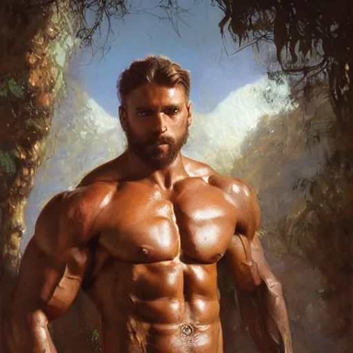 Prompt: handsome portrait of a spartan guy bodybuilder posing, translucence, radiant light, lush surroundings, by gaston bussiere, bayard wu, greg rutkowski, giger, maxim verehin