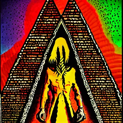 Image similar to man with a pyramid head, psychedelic art, esoteric, optical illusion