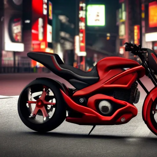 Prompt: photo of Akira bike :: ultra realistic render of Akira motorbike in the streets of Tokyo at night, octane render, cyberpunk, 8K, depth of field, bokeh, Akira moto, Akira red bike, ultra detailed, photorealistic