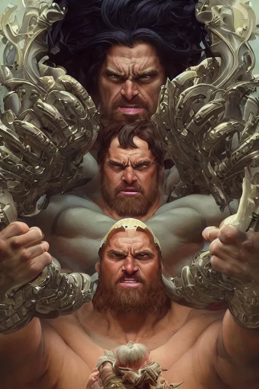 Image similar to hulking herculean ogre jesus christ, masterpiece, intricate, elegant, highly detailed, digital painting, artstation, concept art, smooth, sharp focus, illustration, art by artgerm and greg rutkowski and alphonse mucha and uang guangjian and gil elvgren and sachin teng, symmetry!!