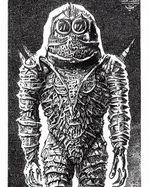 Prompt: a micronaut pharoid, full body, pen - and - ink illustration, etching, by russ nicholson, david a trampier, larry elmore, 1 9 8 1, hq scan, intricate details, monster manula, fiend folio