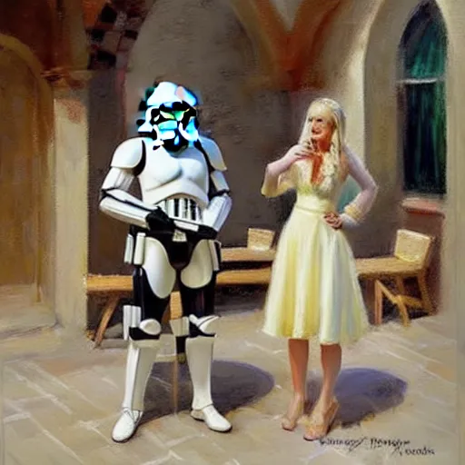 Prompt: stormtrooper and hot blonde drinking wine in a cellar, romantic, cozy, inviting, detailed, beautiful, atmospheric, impressionism, painting by vladimir volegov, inspired by ralph mcquarrie