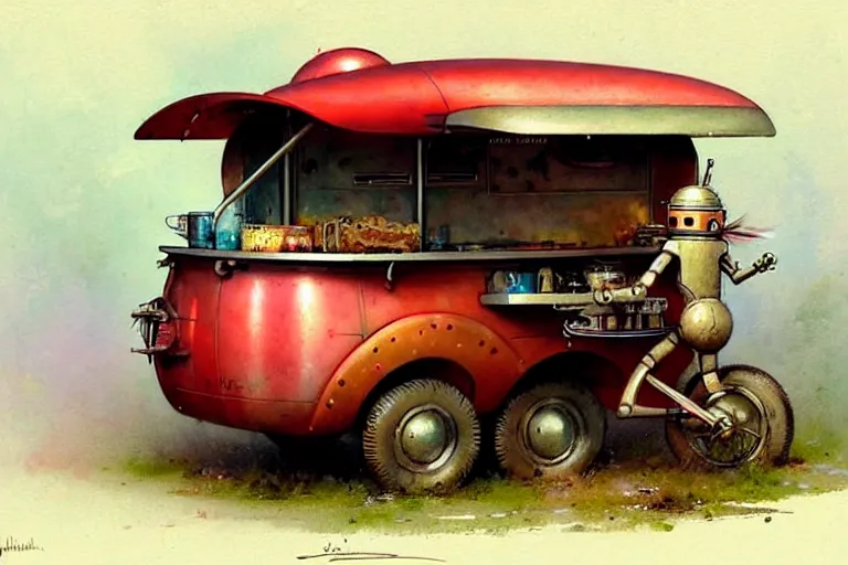 Image similar to adventurer ( ( ( ( ( 1 9 5 0 s retro future robot android mouse wagon food truck robot. muted colors. ) ) ) ) ) by jean baptiste monge!!!!!!!!!!!!!!!!!!!!!!!!! chrome red