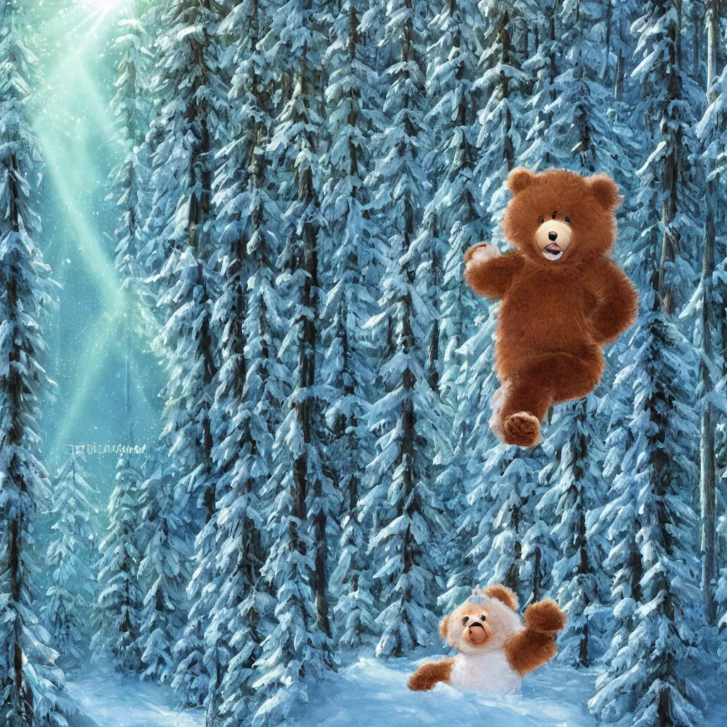 Image similar to a cute humanoid fluffy fur bear cub standing on ski skiing down the hill through a snowy forrest in, light rays are shining through the trees above, magical environment, beautiful light. trending on artstation 4 k award in winning artwork. vivid colors. detailed painting. kids book illustration.