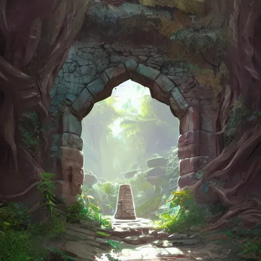 Prompt: concept art painting of an ancient ornate stone archway, with a magical portal inside to another dimension, in the woods, realistic, detailed, cel shaded, in the style of makoto shinkai and greg rutkowski and james gurney