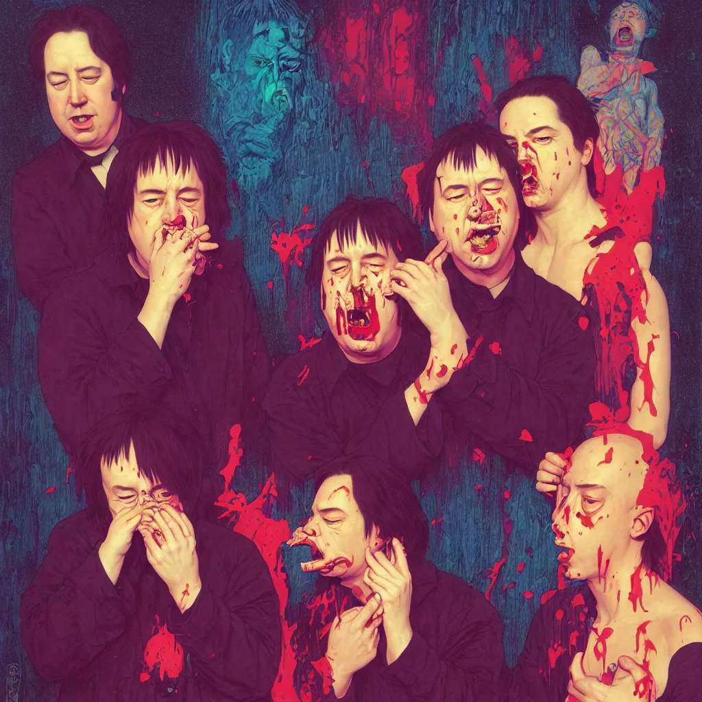 Image similar to weird and disturbing portrait of bill hicks and mike patton puking blood, vivid colors, happy, neon, art by ( ( ( kuvshinov ilya ) ) ) and wayne barlowe and gustav klimt and artgerm and wlop and william - adolphe bouguereau