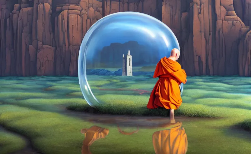 Image similar to a scary hyperrealist painting of a monk in a giant transparent bubble from howl's moving castle ( 2 0 0 4 ) in a flooded monument valley stonehenge jungle. depth perception, 4 k, artstation, in the style of studio ghibli