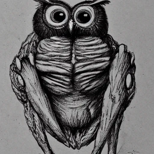 Prompt: jumping spider mixed with owl, sketch by Leonardo Da Vinci, hybrid creature, detailed