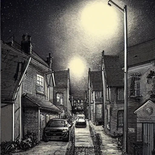 Image similar to suburban street in the uk, at night, by kim jung gi