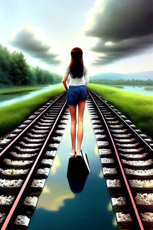 Prompt: shallow reflective water completely covers submerged invisible train tracks as a girl carries her shoes, there is a train station in the distance and large white clouds on a wide horizon, intricate, elegant, highly detailed, digital photo, artstation, concept art, smooth, sharp focus, art by artgerm and greg rutkowski and fra angelico