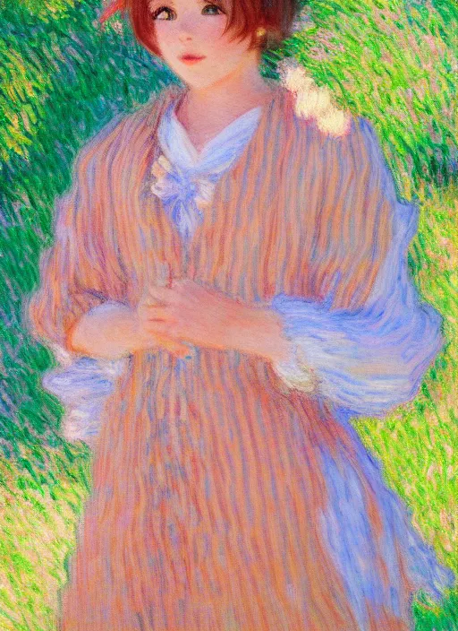 Image similar to a girl wearing thrifty clothing, very anime, trending artwork, 4 k, anime painter studio, an impressionist style by claude monet