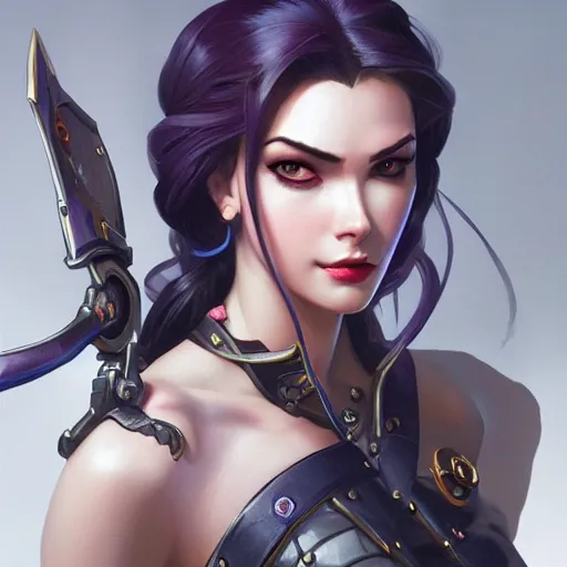 Image similar to Closeup of Widowmaker from Overwatch, D&D, fantasy, intricate, elegant, highly detailed, digital painting, artstation, concept art, matte, sharp focus, illustration, hearthstone, art by Artgerm and Greg Rutkowski and Alphonse Mucha