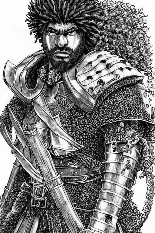 Image similar to black man with afro hair and raspy beard stubble as a knight, highly detailed, anatomically correct, black and white, manga, art by kentaro miura