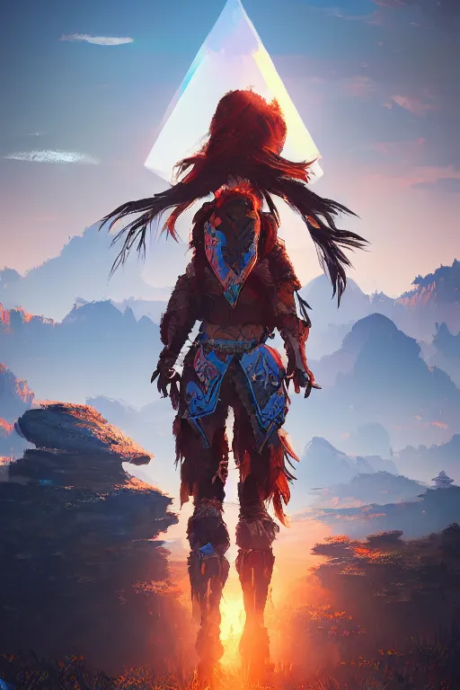 Image similar to combination suit armor aloy horizon forbidden west horizon zero dawn radiating a glowing aura global illumination ray tracing hdr fanart arstation by ian pesty and alena aenami artworks in 4 k tribal robot ninja mask helmet backpack