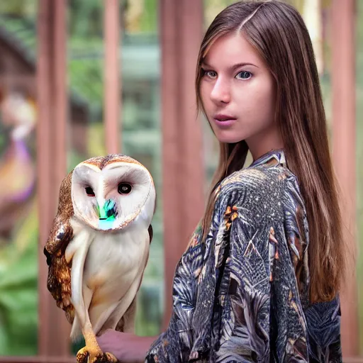 Image similar to amazing portrait photograph of beautiful young female model, symmetric face, symmetric eyes, slight smile, natural light,wearing a yellow kimono with a very detailed barn owl on her shoulder!!! in a tropical greenhouse. looking at the camera!!. super resolution. Extremely detailed. art by Rineke Dijkstra.