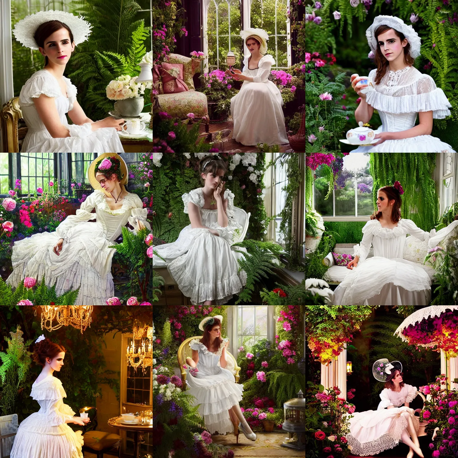 Prompt: fantasy, glow, shimmer, emma watson as victorian woman in a long white frilly lace dress and a large white hat having tea in a sunroom filled with flowers, roses and lush fern flowers ,intricate, night, highly detailed, dramatic lighting , high quality