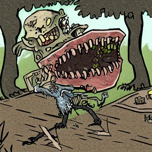 Image similar to a zombie puts out a bowl of soup as a trap for adventurers looking to loot his fake corpse, but they walk right past it and into a pitfall while he laughs at them from behind the bushes, digital art