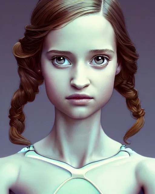 Image similar to weta disney pixar movie still head and torso portrait photo of young alicia vikander as thoughtful intricate detailed mechanical white plastic cyborg girl by pixar, by weta, wlop, ilya kuvshinov, rossdraws, artgerm, latex, iridescent, bright morning, anime, liosh, mucha