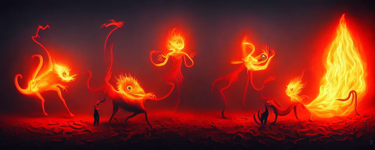 Image similar to whimsical fiery alchemical creatures, surreal dark uncanny painting by ronny khalil