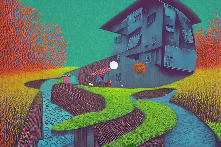 Prompt: surreal glimpse into other universe, house by kengo kuma, summer morning, very coherent and colorful high contrast, art by!!!! gediminas pranckevicius!!!!, geof darrow, floralpunk screen printing woodblock, dark shadows, hard lighting, stipple brush technique,
