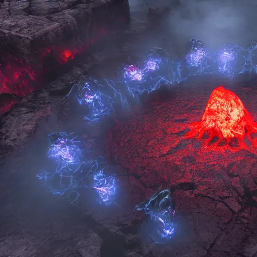 Prompt: molag bal, tyrant, glowing red eyes, lava pools, cracked ground, photorealistic