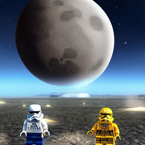 Prompt: “lego Star Wars invading a hyper realistic earth with a destroyed moon in the background”