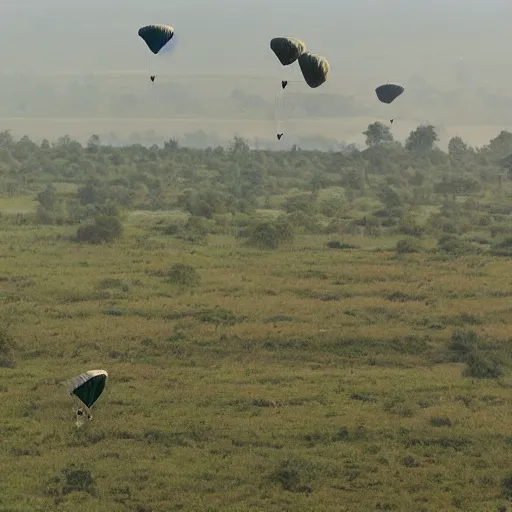 Image similar to photo of elephant paratroopers parachuting behind enemy lines