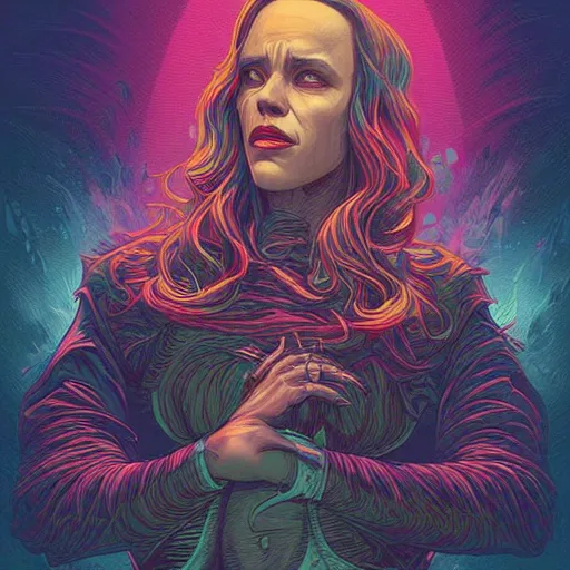 Prompt: “A portrait of a demonic Rachel McAdams, digital art by Dan Mumford and Peter Mohrbacher, highly detailed, trending on DeviantArtHQ”