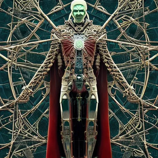 Image similar to symmetric frame of dr doom from Prometheus movie, from doctor strange by beksinski, cyborg dr doom mecha by guo pei and alexander mcqueen metal couture editorial, eldritch epic monumental wallpaper by beksinski by Yuko Shimizu