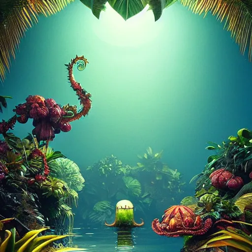 Image similar to tropical fruit creature in a lush trunda vegetation, water reflection, night, backlit, warm tones, bioluminescent : by michal karcz, daniel merriam, victo ngai and guillermo del toro : ornate, dynamic, particulate, intricate, elegant, highly detailed, centered, artstation, smooth, sharp focus, octane render, 3 d