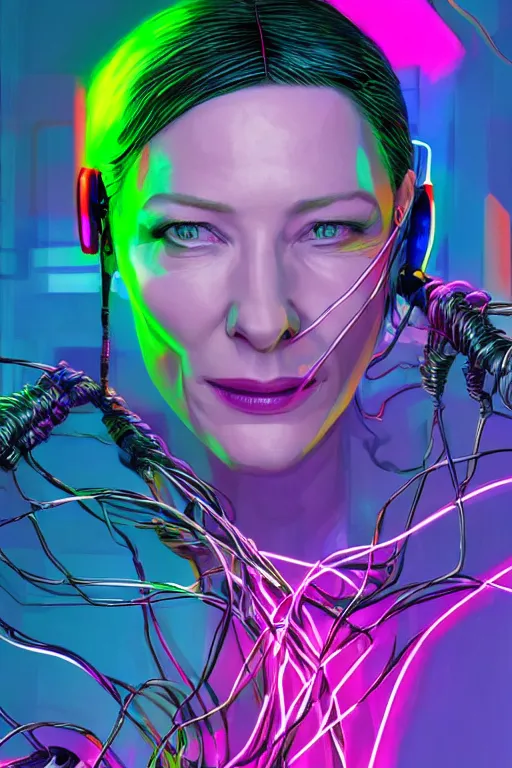 Image similar to cate blanchett with cyber headgear surrounded by wires, neon colors, oil on canvas, strong lighting, by Josan Gonzalez, HD, 4K