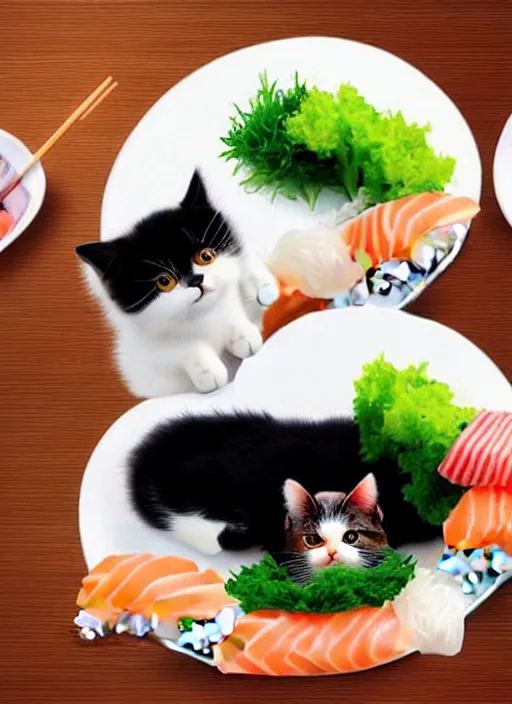 Image similar to clear photorealistic picture of adorable cats made out of sushi