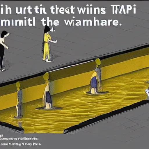 Image similar to when the art knowledge of ai trained by millennials, is like swimming in the yellow tinted wading pool at the community swimming center