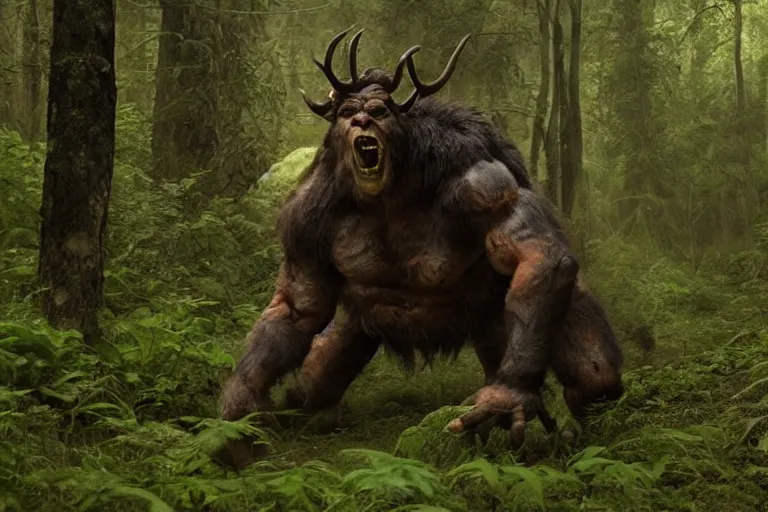 Image similar to vfx movie closeup detailed ancient warrior orc hunting elk in the forest, natural lighting by emmanuel lubezki