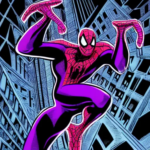 Image similar to black and purple spiderman drawn in comic book art style by steve ditko, 4 k digital art