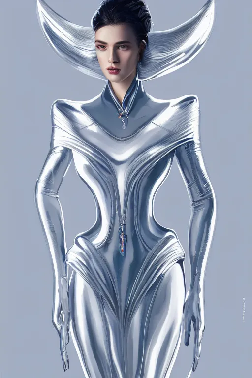 Image similar to detailed beautiful noun in opened white gold blue coat, seductive confident pose, attractive feminine curves, intricate details, futuristic, alien, elegant cape, elegant, photorealism, trending on artstation, holy halo, advanced technology, art by moebius and vitaly bulgarov and chanthara